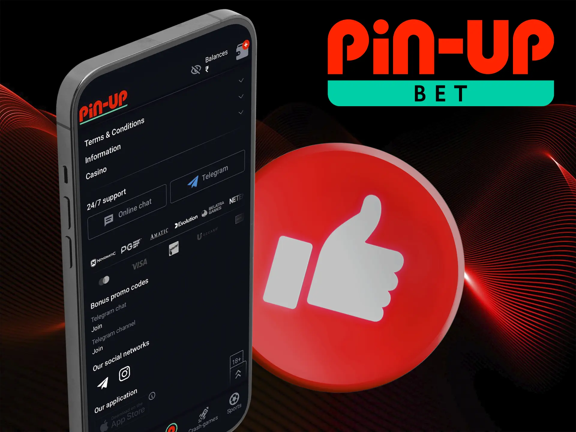 Pin Up mobile app has a lot of functions.