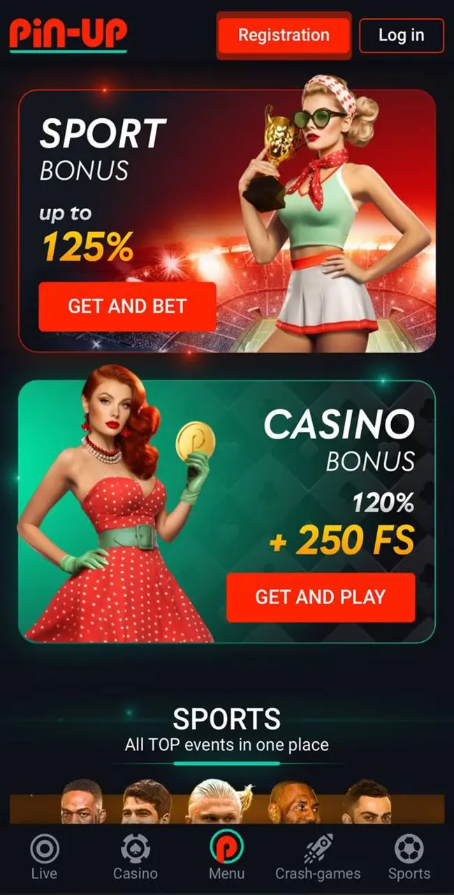 Pin Up App Main screen.