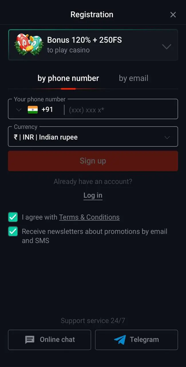 Pin Up App Registration form.